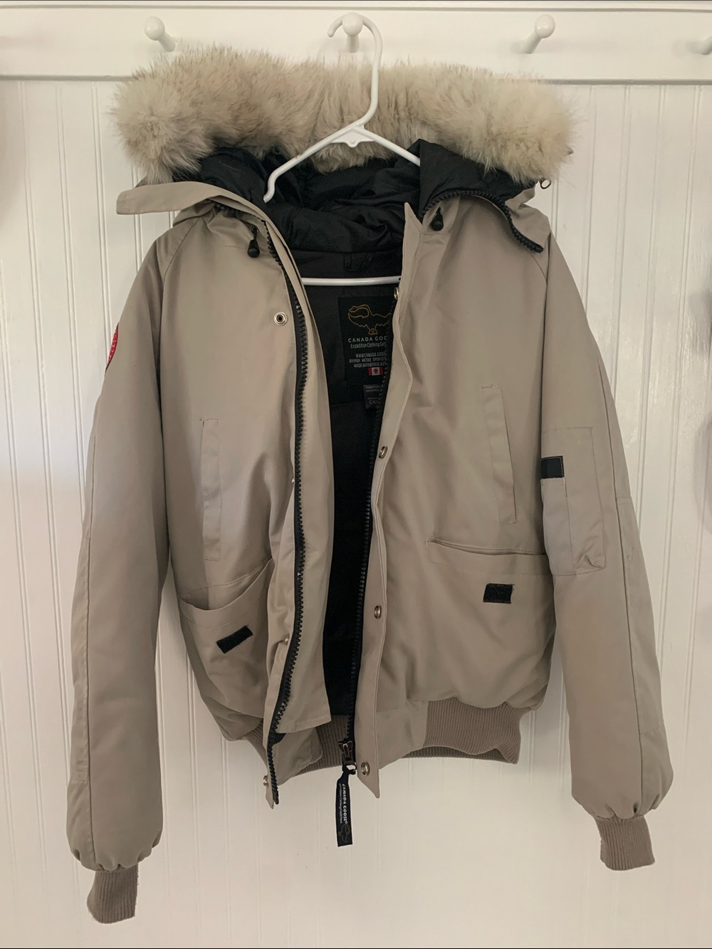 Canada Goose Beige Bomber-Style Puffer with Fur-Trim Hood